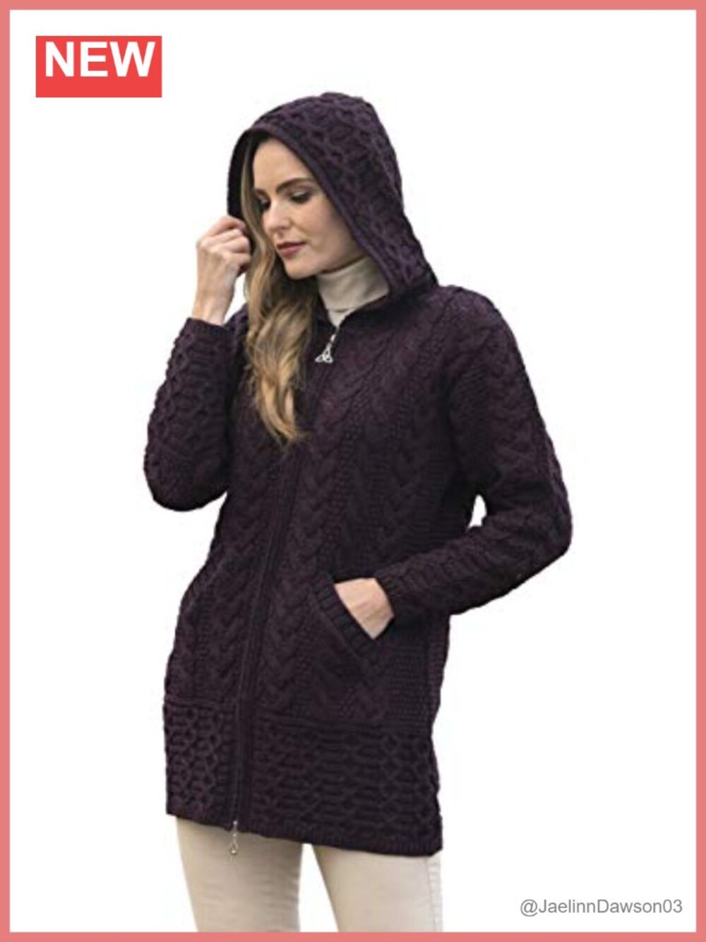 Merino Wool Cable Knit Hooded Coat Celtic Zip 3/4 Length